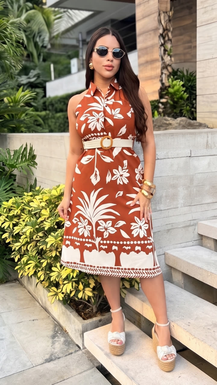 Vestido Midi Estampado Tropical en terracota
